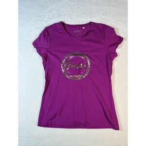 Vintage Guess Women's Large Fuchsia with Rose Gold Sequin T-shirt
